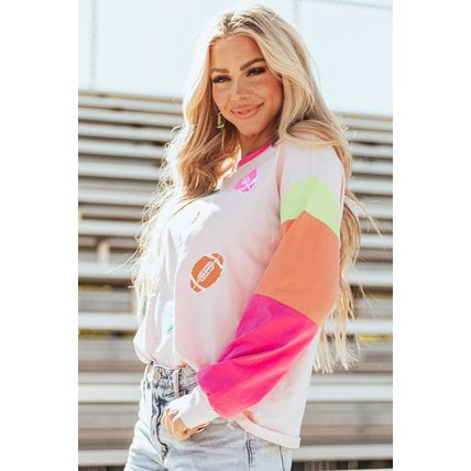 Pink GAME DAY Rugby Football Graphic Color Block Sleeve Top