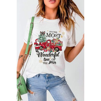 White Christmas Pattern Slogan Print Crew Neck T Shirt
