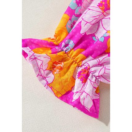 Rose Floral Print Flounce Sleeve Notched Neck Blouse