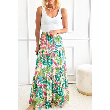 Green Abstract Printed High Waist Tiered Maxi Skirt