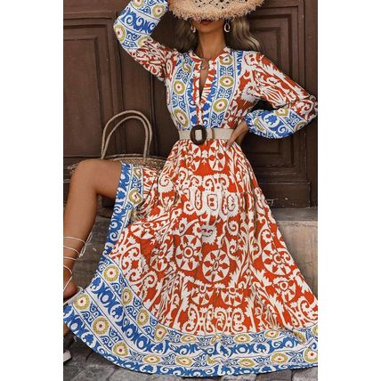 Orange Boho Geometric Printed Long Sleeve Maxi Dress