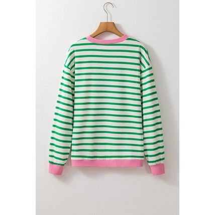 Bright Green Striped Contrast Edge Long Sleeve Top