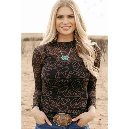 Black Western Rodeo Printed Mock Neck Long Sleeve Mesh Top