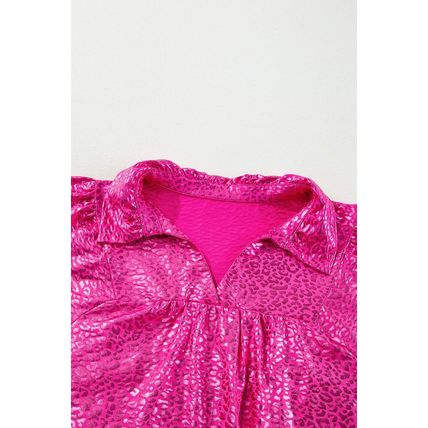 Rose Red Metallic Leopard Print Collared Babydoll Mini Dress