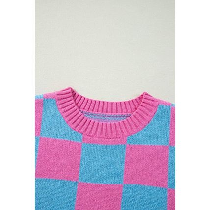 Sachet Pink Colorblock Plaid Pattern Ribbed Trim Sweater Tank Top