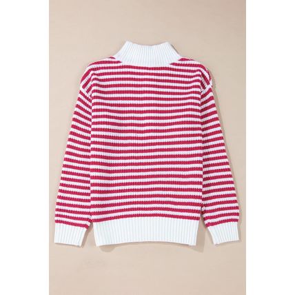 Pink Stripe Zip up Collar Drop Shoulder Sweater