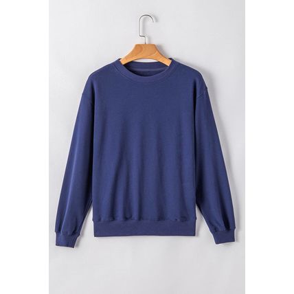 Navy Blue Plain Drop Shoulder Crewneck Pullover Sweatshirt