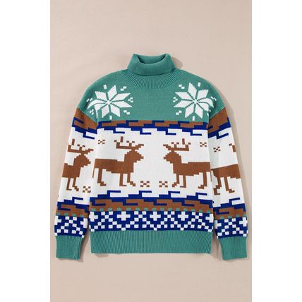 Canton Christmas Reindeer Snowflake Colorblock Turtleneck Sweater