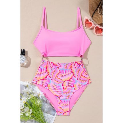 Rose O-ring Joint Leafy Print High Waist Monokini