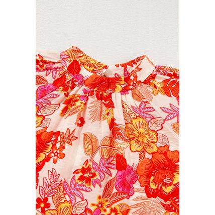 Orange Floral Print Pearl Button Keyhole Long Puff Sleeve Blouse