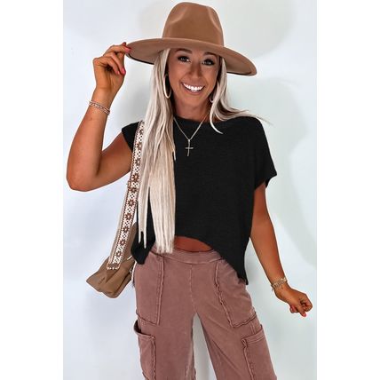 Black Solid Color Sweater Tee with Side Slits