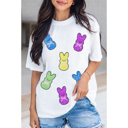 White Sequin Bow Bunny Doll Patched Easter Graphic Tee