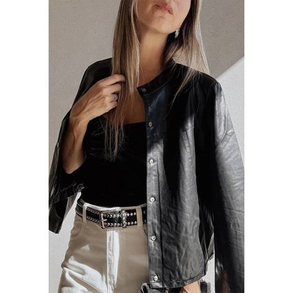 Black Faux Leather Buttoned Front Boxy Jacket