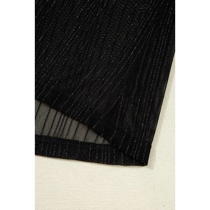 Black Plus Size Shimmer Textured Mesh Fitted Long Sleeve Top