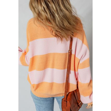 Orange Stripe Colorblock Half Zip Oversize Sweater