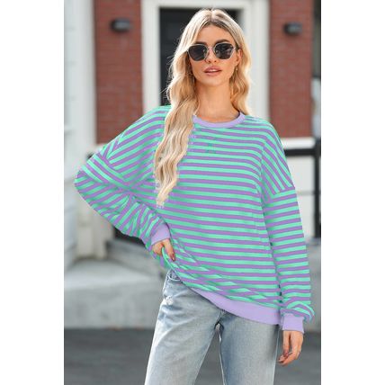 Blue Stripe Contrast Ribbed Trim Crossed Stitch Drop Shoulder Sweatshirt