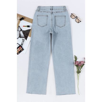 Sky Blue Mid Rise Asymmetrical Waist Wide Leg Jeans