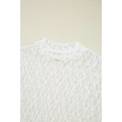 White Sheer Lace Bell Sleeve Mock Neck Blouse