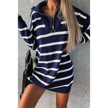 Blue Striped O-ring Zip Collared Loose Sweater Mini Dress