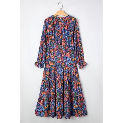 Blue Floral Print Tassel Tie V Neck Long Sleeve Flowy Long Dress