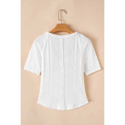 White Snap Button Drawstirng Tie Neck Textured Half Sleeve Shirt