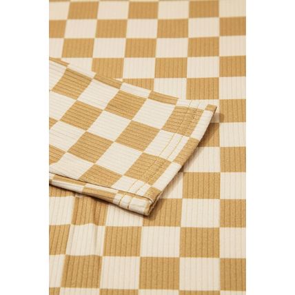 Khaki Check Pattern Turtleneck Ribbed Slim Long Sleeve Tee