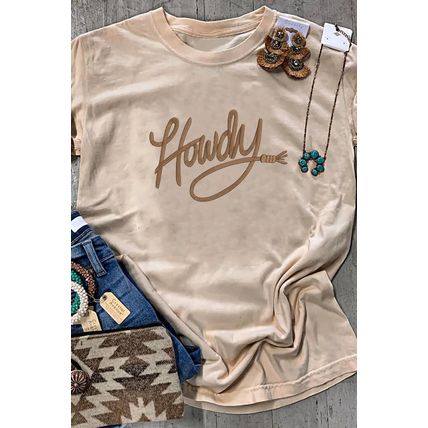 Khaki Howdy Embroidered Graphic Western Tee
