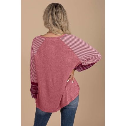 Mineral Red Contrast Print Striped Raglan Long Sleeve Loose Top