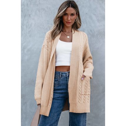 Parchment Oversize Chunky Cable Knit Open Front Midi-length Cardigan