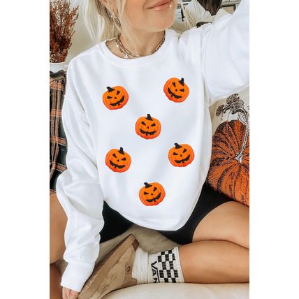 White Pumpkin Face Patched Pattern Halloween Crew Neck Sweatshirt