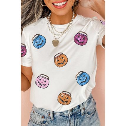 White Sequin Pumpkin Face Patched Crew Neck Holiday T Shirt