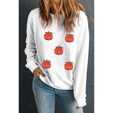 White Sequin Pumpkin Patched Drop Shoulder Sweatshirt