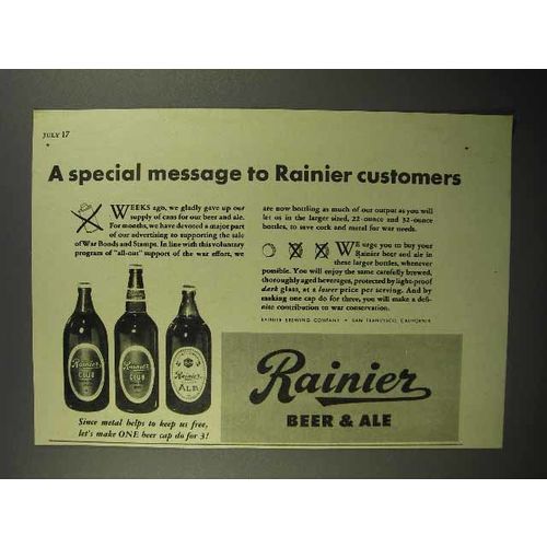 1942 Rainier Beer & Ale Ad - A Special Message