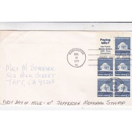 United States 1973 Jefferson Memorial Booklet Pane FDC Washington DC written VGC