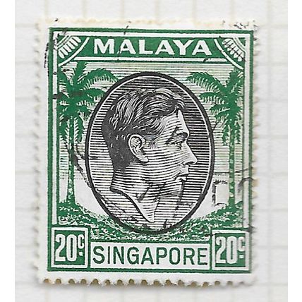 SINGAPORE MALAYA 1948 KG6 USED 20c BLACK GREEN SG24 24 SG PERF 17.5x18