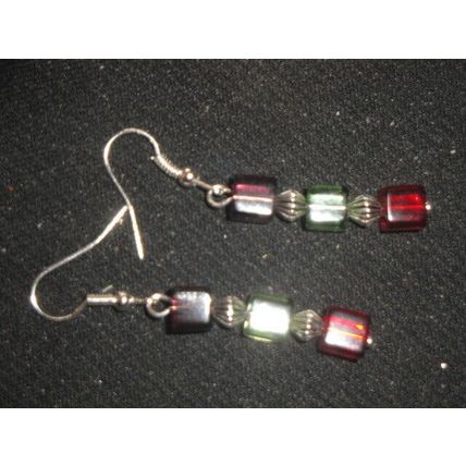 Beautiful unusual purple red & green cube dangle earrings