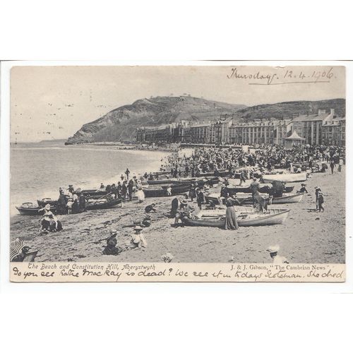 Busy Beach and Constitution Hill Aberystwyth 1906 Postcard