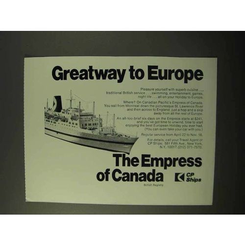 1971 CP Ships Empress of Canada Ad - Greatway to Europe