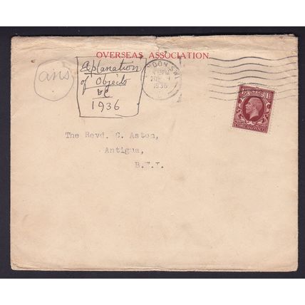 GB OVERSEAS ASSSOCIATION ENVELOPE POSTED TO ANTIGUA 1936 TO REVEREND ASTON