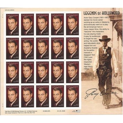 Gary Cooper Legends of Hollywood Sheet of Twenty 44 Cent Stamps Scott 4421