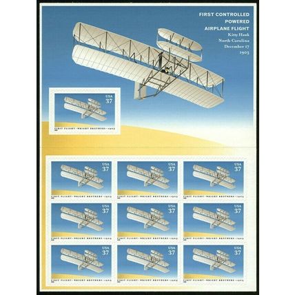 First Flight of Wright Brothers Sheet of Ten 37 Cent Stamps Scott 3783