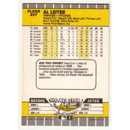 1989 Fleer Al Leiter rookie baseball card #257 - RC