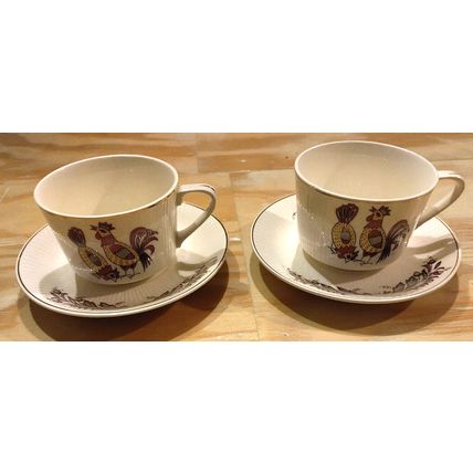 Vintage Japan Cup And Saucer Plater 2x Set White Floral Rooster Stamp