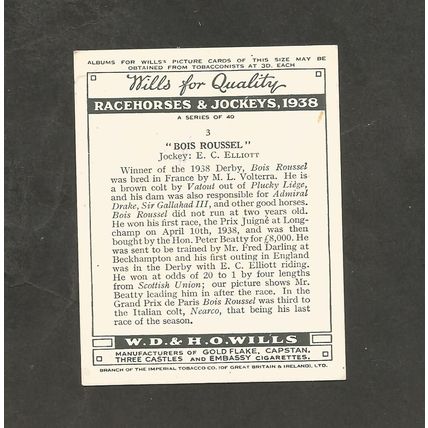 Cigarette Card Wills Racehorses and Jockeys 1938 #3 Bois Roussel