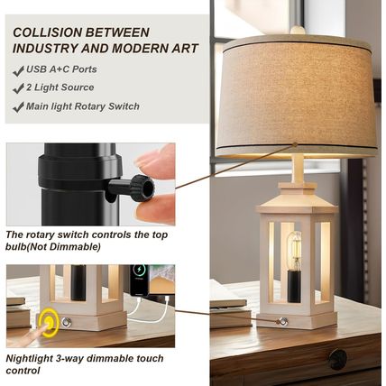 23.75" Retro Farmhouse USB C+A Ports Table Lamp Set of 2 with 3 Way Dimmable Tou