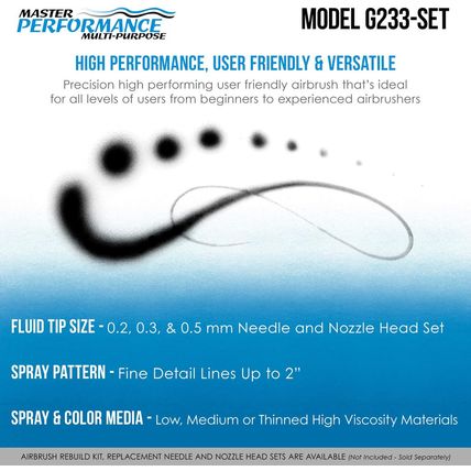 Master Performance G233 Pro Set Master Airbrush Gun with 3 Nozzle Sets (0.2, 0.3