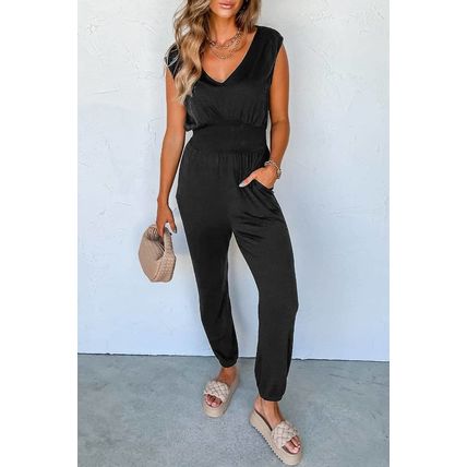 Black Shirred High Waist Sleeveless V Neck Jumpsuit