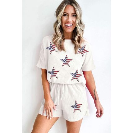 White Waffle Sequin American Flag Star Pattern 2Pcs Shorts Set