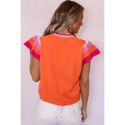 Carrot Contrast Flutter Sleeves Knitted Sweater T Shirt