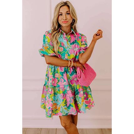 Green Floral Puff Sleeve Collar Buttoned Babydoll Dress